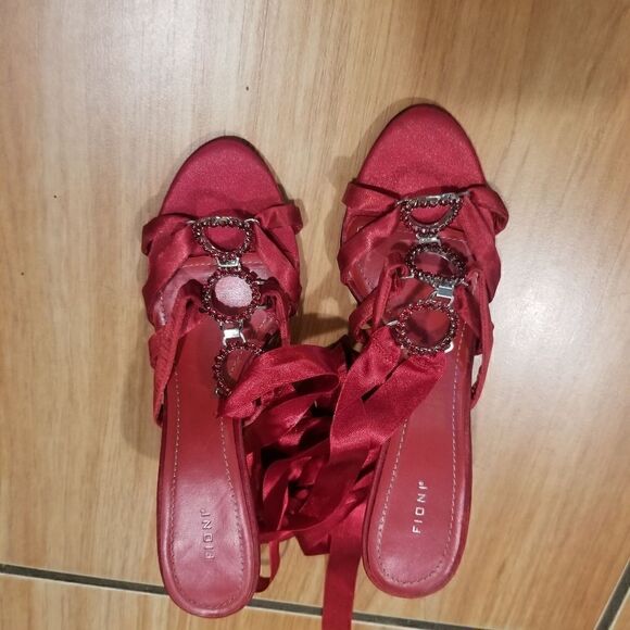 Fioni | Size 6 Vintage Ruby Red Open Toe Lace Up Heels with Circle Gem Detail - Picture 2 of 15